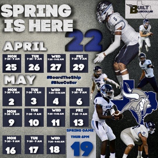 BHSVikingFB's tweet photo. Bryan Vikings 2022 Spring Ball Schedule. College coaches hit up @CoachTullos #BoardTheShip #BlueCollar https://t.co/hVbDzhliTg