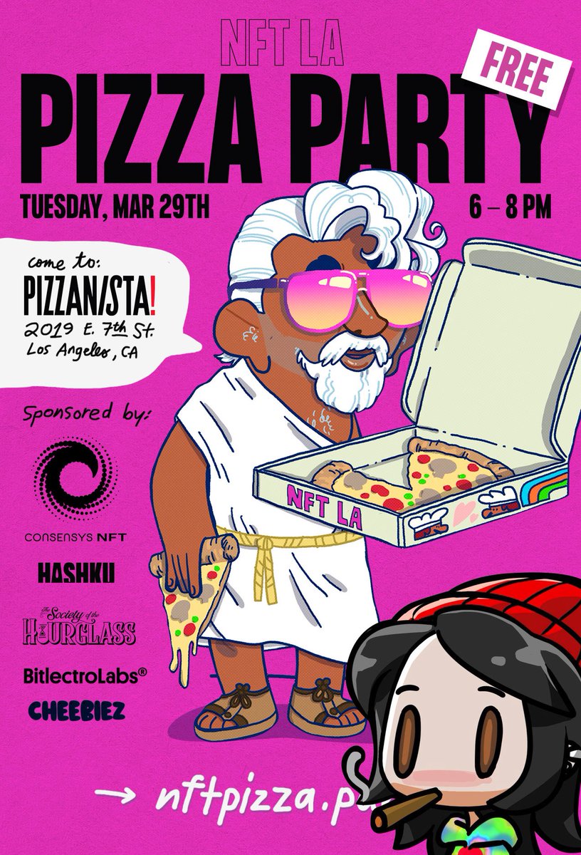 Tonight. Can’t wait to see everyone! 🍕

Huge shout out to <a href="/ConsenSys/">Consensys.eth</a>, <a href="/Hashku_NFT/">Hashku</a>, @bitlectro, and <a href="/CheebieVerse/">Cheebiez</a> for sponsoring this with us!