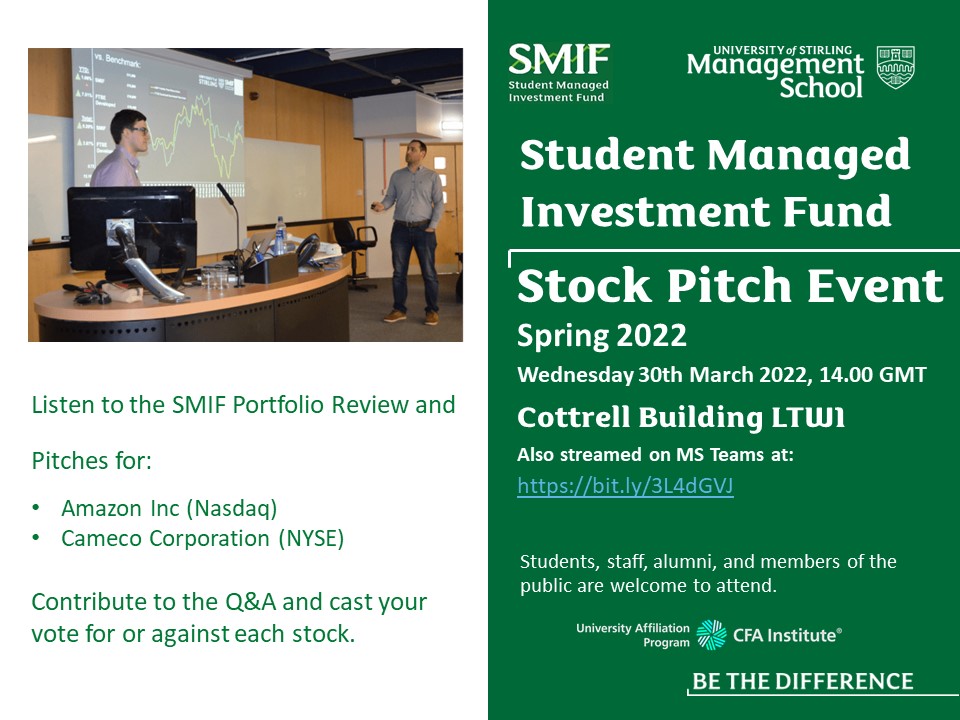 <a href="/StirUni/">University of Stirling</a> <a href="/StirlingUniSMIF/">Stirling University SMIF</a> spring #stock pitch in the <a href="/StirManSchool/">Stir Man School</a> <a href="/amazon/">Amazon</a> &amp; <a href="/cameconews/">Cameco Corporation</a>. Discussion on #valueinvesting and #esg #esginvesting #financialwellbeing #personalfinance, with feedback from professional panellists <a href="/colinmclean/">Colin McLean</a> @JonSBeckett Alan Hay &amp; Alan Loughray