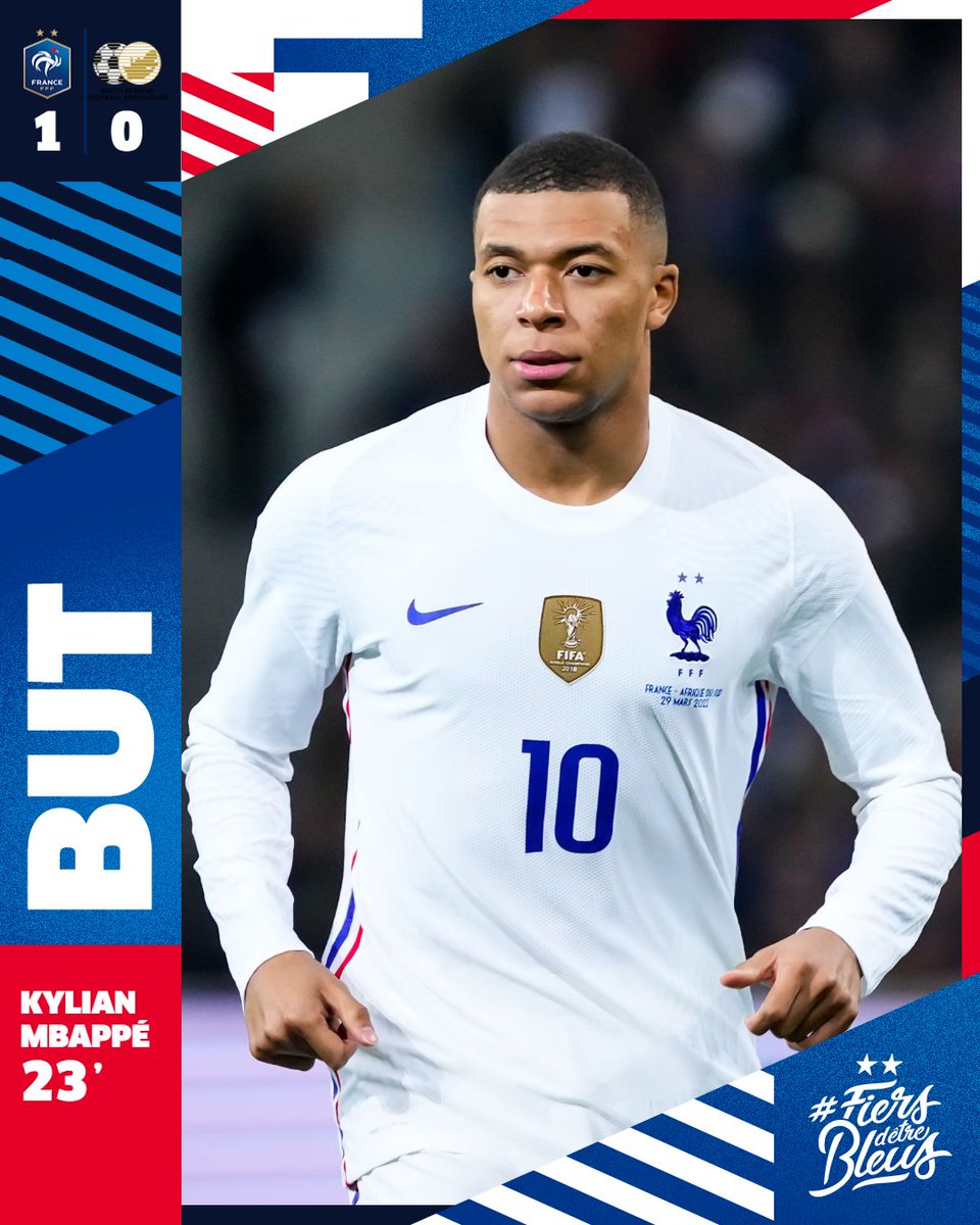 equipedefrance's tweet photo. QUEL BUT ! 🤩 @KMbappe enroule parfaitement et le ballon termine en pleine lucarne côté opposé !

🇫🇷1-0🇿🇦| #FRAAFS | #FiersdetreBleus https://t.co/PsUY8teKZY