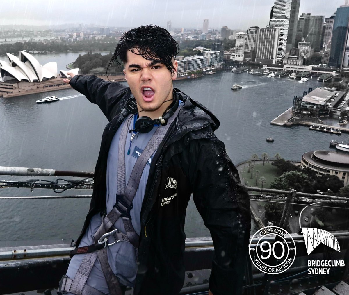 SheldRiley's tweet photo. I have VERY EXCITING news that I’ll post tomorrow… but for now.. Here is a tweet of me climbing the SYDNEY HARBOUR BRIDGE, NO makeup NO MASK in the POURING RAIN! HAHA! I have wanted to do this for YEARS! I’m so so happpy I did!! :)♡⚔️ @bridgeclimb https://t.co/hn70g0mKmG