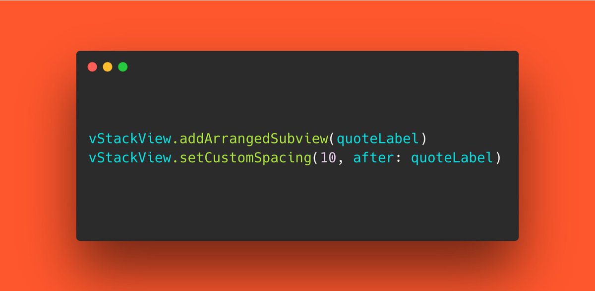 sarunw's tweet image. You don&apos;t need multiple stack views for different spacing. You can assign each view a custom spacing with setCustomSpacing.

Learn more: sarunw.com/posts/custom-u…