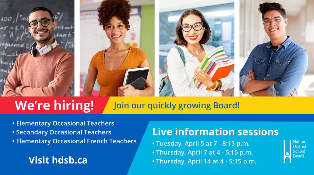 We're hiring! Join an upcoming information session for Occasional Teachers to learn about our hiring process, the #HDSB and to ask questions about working in the HDSB. 

Learn more: hdsb.ca/our-board/Page…