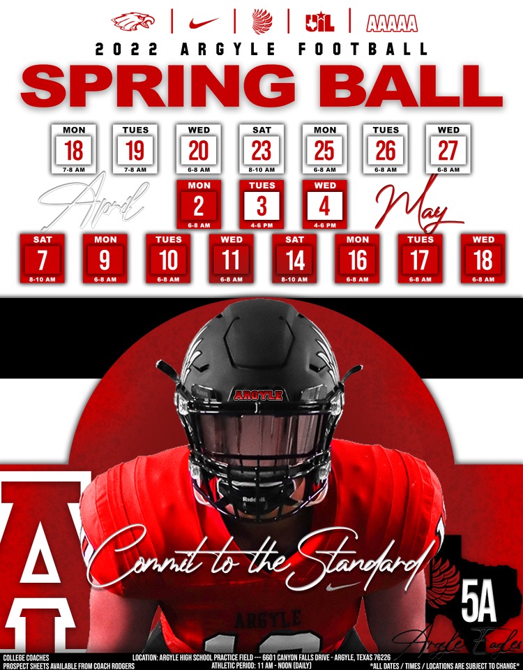 argylegridiron's tweet photo. 🏈SPRING BALL Calendar!
🦅🦅🦅
@ArgyleISD I @ArgyleSports
#CommitToTheStandard I #txhsfb https://t.co/fuoleYLnSy