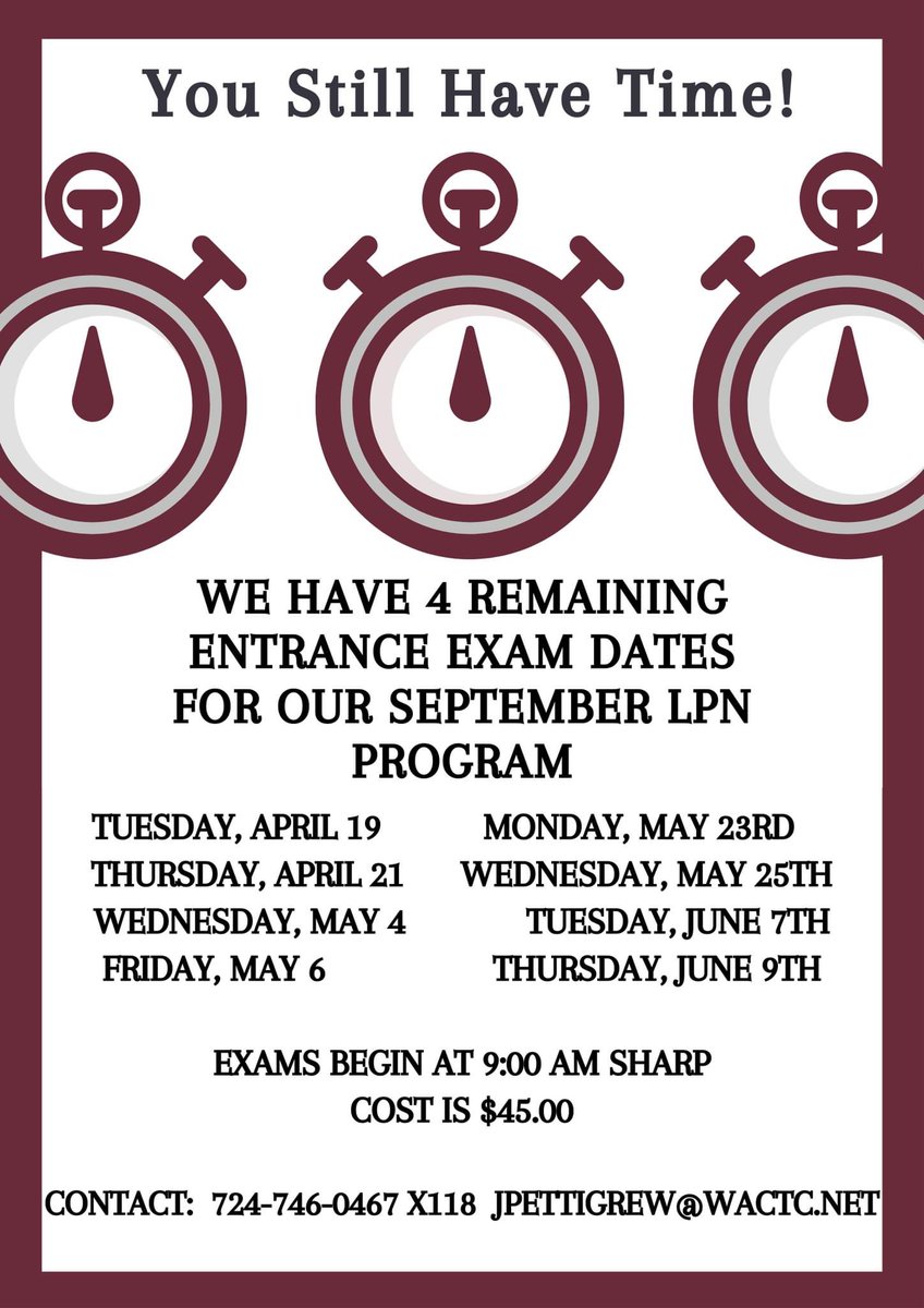 WesternAreaCTC's tweet photo. 🧐 We've added additional entrance exam dates for our LPN program 👇 #Nursing #LPN https://t.co/0ZEkkQpPnI
