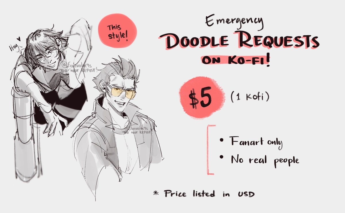 Hey! Smth came up and I'll be doing some doodle requests!

🔅 Fanart only, no real people
🔅 Requests done directly via k0fi
🔅 Will post doodles to Twt and IG within a few hours/days! (depends on the number of requests + will be doing them between work and homework)

🔗 below! 