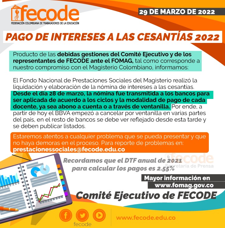 fecode's tweet photo. 🚨Información importante sobre el pago de los intereses a las cesantías a los docentes: https://t.co/cqrl43QaWl
