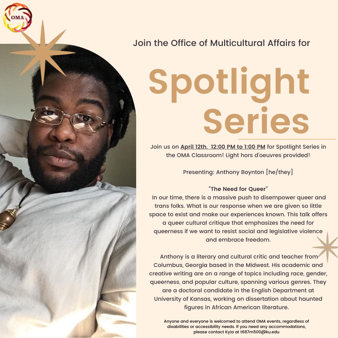 KU_OMA's tweet photo. Join us for Spotlight Series on April 12th, at 12:00 PM - 1:00 PM in the OMA Classroom! Snacks and refreshments provided! https://t.co/bgkMWgPcX1