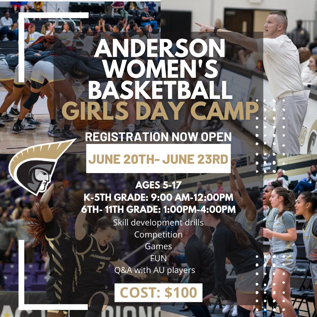 AUTrojansWBB's tweet photo. Want some more AU Women’s Basketball???

Anderson University Women’s Basketball Girls Day Camp with Head Coach JB is happening again this summer!

REGISTER NOW:

…https://t.co/3l5TCSpauw https://t.co/d7l5bwDFW7
