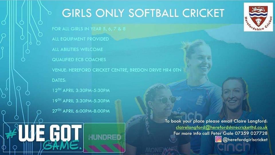 If any girls would like a FREE opportunity to play some softball cricket now is your chance! 
Years 5,6,7 and 8. 
 
More info on the poster! 
#WeGotGame 
<a href="/SteveHCB/">SteveGW58</a> <a href="/HerefordsCric/">HerefordshireCricket</a>