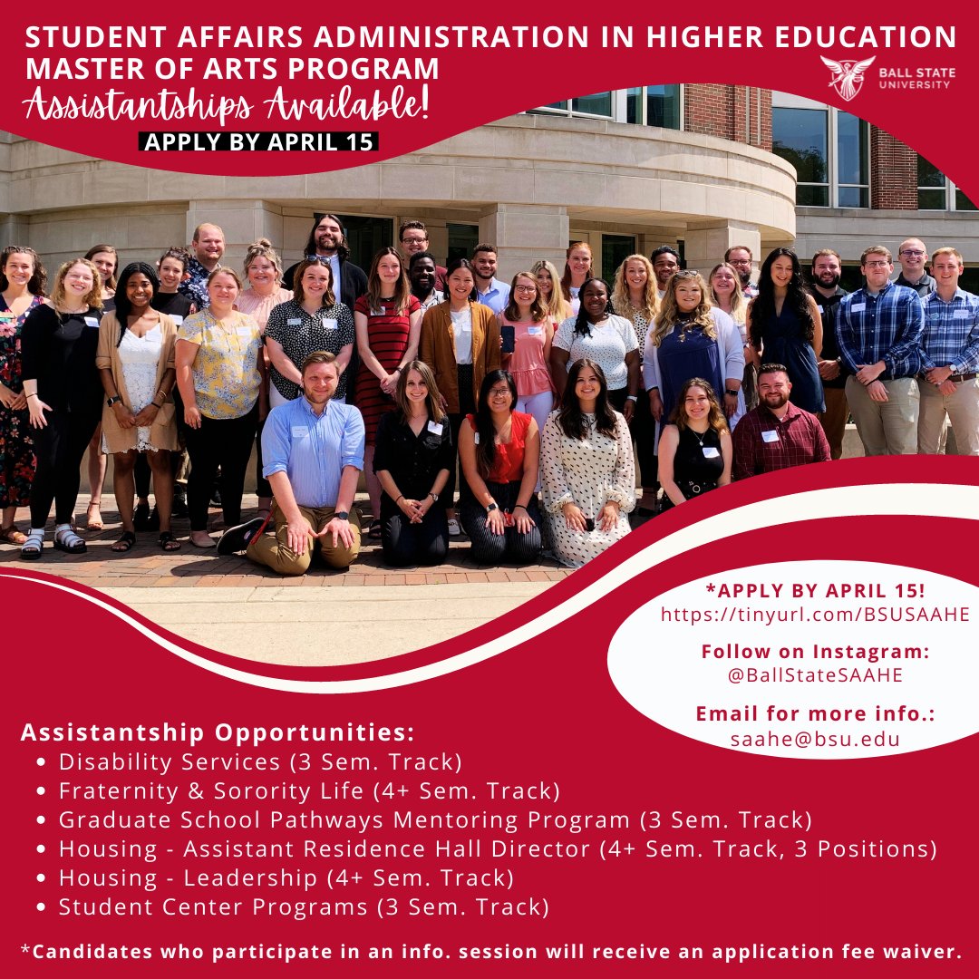 AmandaOLatz's tweet photo. Like many student affairs preparation programs across the U.S., we are still seeking applicants for the @BallStateSAAHE program. A few assistantships are still available for a fall 2022 start! See below, and apply here: https://t.co/pS6e9RjzrX https://t.co/dBWEMSMewu