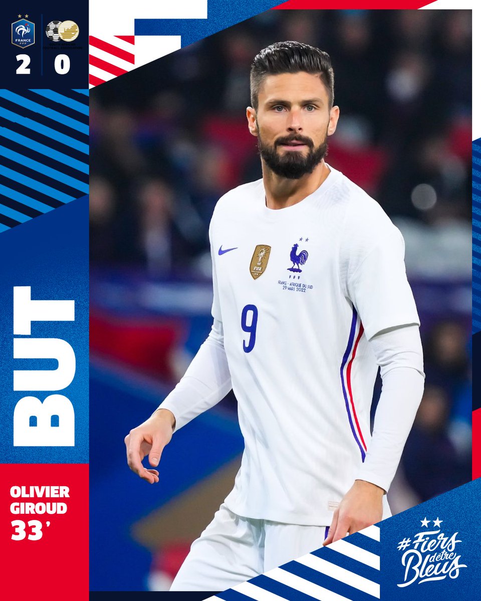 equipedefrance's tweet photo. Olivier Giroud conclut parfaitement ras du sol et prend le gardien à contre-pied ! Ça fait 2-0 pour les Bleus 🔥

🇫🇷2-0🇿🇦| #FRAAFS | #FiersdetreBleus https://t.co/fZcCbJ5tF5