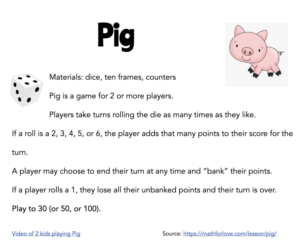 RawdingMolly's tweet photo. So much fun teaching 1st graders to play Pig today!  The cheers, the groans, the connections, the talk about numbers! Such #MathJoy! 

@MathforLove @mrsashew @Fiske109 @FiskeMath 
https://t.co/zOtfuAyFGa https://t.co/Hir261SFWo