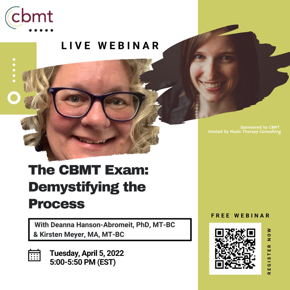 TheCBMT's tweet photo. As members of CBMT’s Board of Directors &amp; the exam committee, Dr. Deanna Hanson-Abromeit and Kirsten Meyer will spotlight how the CBMT Board Certification Domains inform the exam content &amp; lead to exam content changes every 5 years. Scan the QR code to register! #certification https://t.co/ZTi6fm7tTj