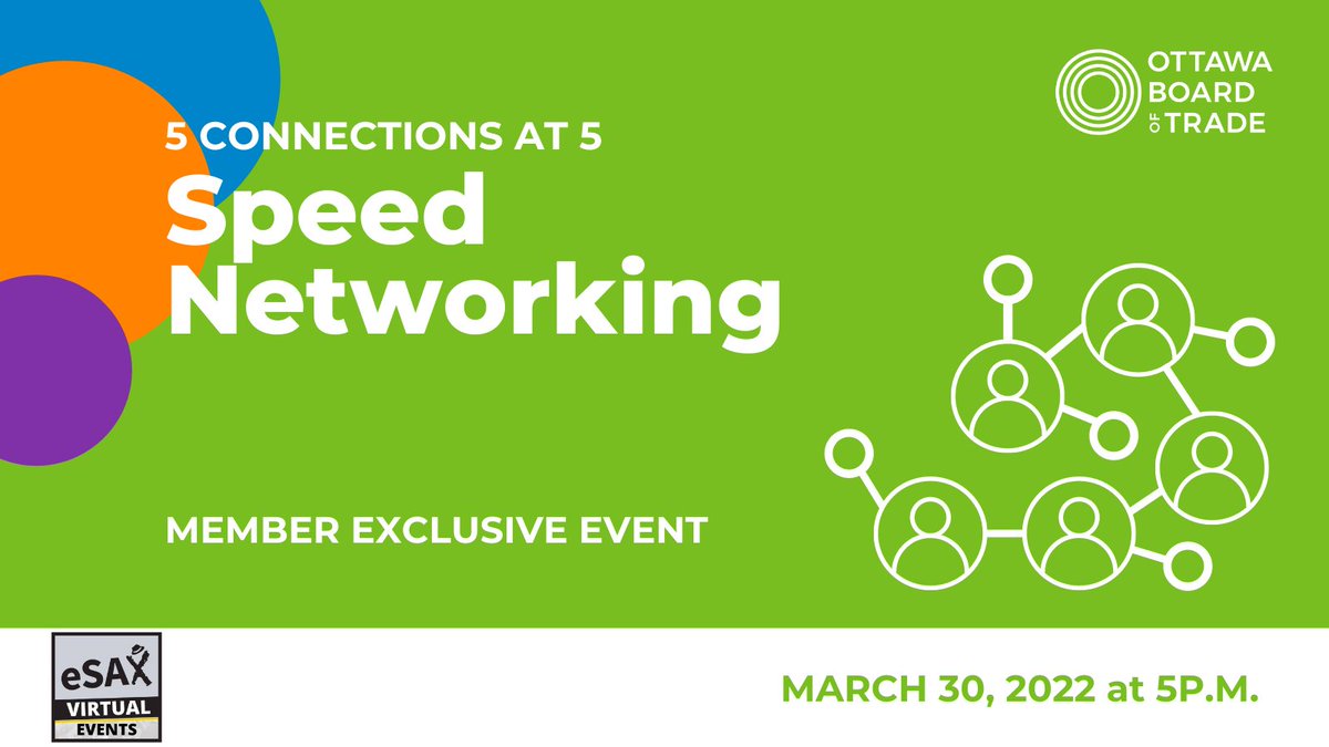 ottawabot's tweet image. Don't miss tomorrow's 5 Connections at 5 - Speed Networking! Join us March 30 at 5 p.m. for this member exclusive event designed to help you network with your Ottawa Board of Trade business community. Register now bit.ly/3w3qHdM
#BeAMember #MemberBenefits #Networking