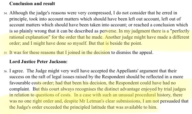 “This court always recognises the distinct advantage enjoyed by trial judges in relation to questions of costs.” So says the Court of Appeal in dismissing a costs appeal today. The lower court had not exceeded its “principled latitude”.

bailii.org/ew/cases/EWCA/…