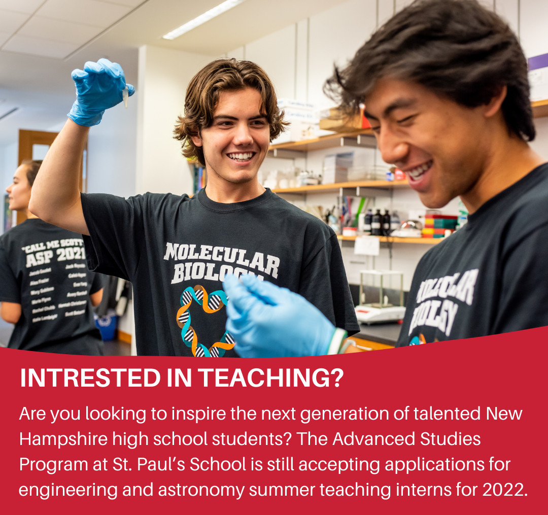 ASPStPauls's tweet photo. The Advanced Studies Program at St. Paul’s School is still accepting applications for engineering and astronomy summer teaching interns for 2022. 

Follow the link to learn more about being an ASP Summer Teaching Intern and apply: https://t.co/d5fLjnM4Eb https://t.co/9YZE1yIAde