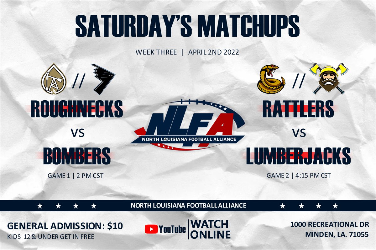 NLFAFootball1's tweet photo. This Saturday's matchups... Week 3 of NLFA π is on its way... General admission is $10, children 12 and under get in FREE. #NLFA2022 #TheNextLevelExperience #NorthLouisianaFootballAlliance https://t.co/Ss61BgUh51