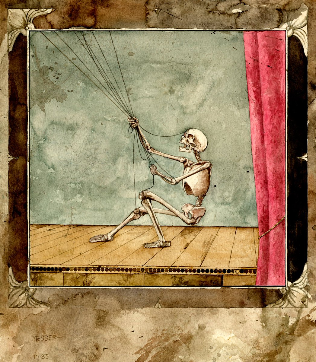 DeadAliveStudio's tweet photo. Puppet Struggle, Watercolor, 1983 
In 1983 I did this painting of one of my skeletons actively struggling to gain freedom. So the Dead became Alive.
©Jon Messer, 1983
#Skeleton #og #art #punkrock #skulls #Puppets #illustration #fineart #watercolor #puppetry #drawing #1980s https://t.co/Av3XMYt5fA