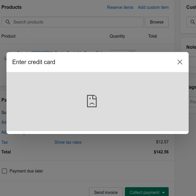 myturtlepie's tweet photo. @ShopifySupport Still seeing an error message "<store-name>.myshopify.com refused to connect" when trying to put Credit Cards in to collect payment for MOTO orders. Creating draft order -> Collect payment -> Enter Credit Card https://t.co/O1fOfEp1Qf