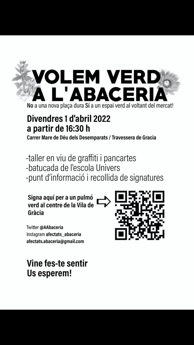 Perquè no pararem, no ens aturareu. El teixit veinal i comercial ho tenim clar 📣❌NO més places dures ✅SI a un espai verd 🌳🌿🍃🌾al voltant del Mercat de l’Abaceria 🧘🏾‍♀️#emergencia #emergenciaclimatica #viladegracia #igersgracia #igersbarcelona #pulmo #verd #thereisnoplanetb