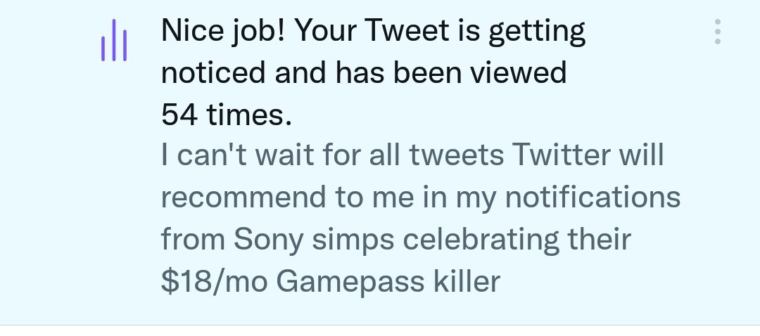 Hey Twitter, I have 3500 followers, I don't need your condescending notifications congratulating me for reaching 1% of my audience!

(yes I know I can just tap see less often but the fact that this is a thing in the first place is obnoxious)
