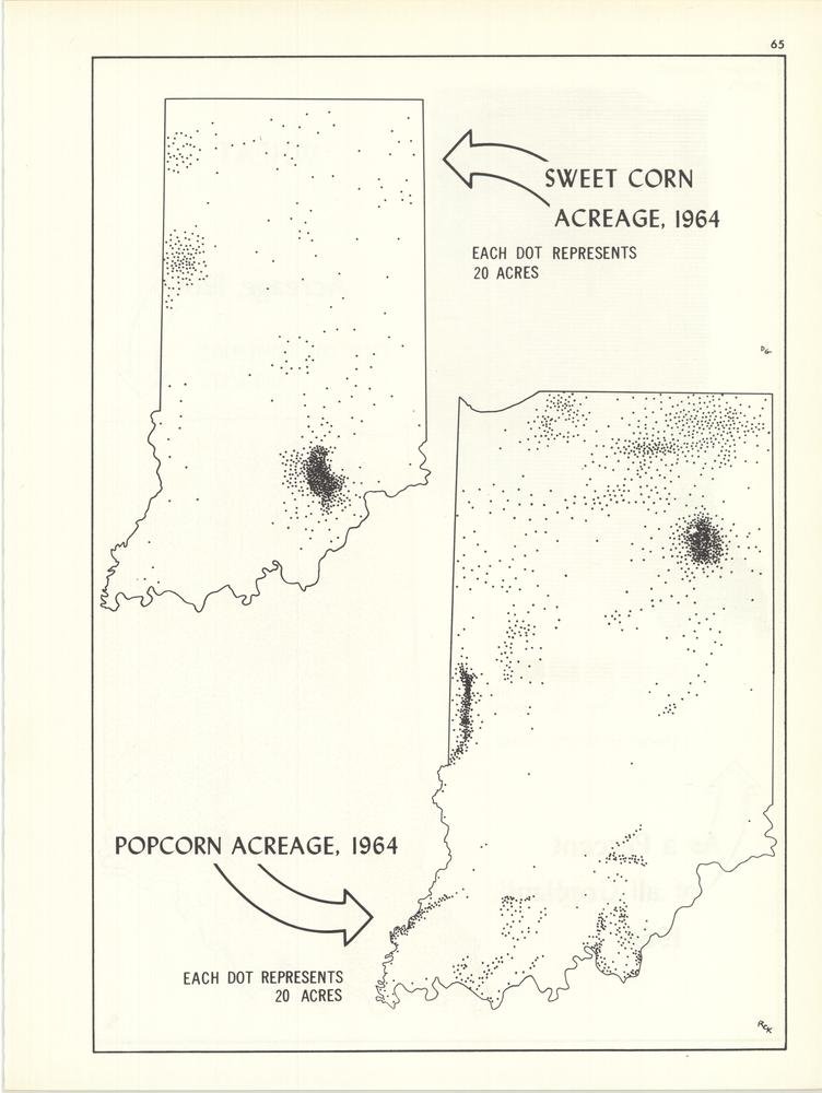 geobtaa's tweet photo. Popcorn 🍿 in the north, sweet corn 🌽 in the south! This 1964 map of sweet corn acreage and popcorn acreage in Indiana is part of the @HermanBWells "Indiana Historic Maps" collection. 

For more crop acreage maps (including one that's just corn), see https://t.co/Sbk0MNJGhk https://t.co/hrjZ3bSulr