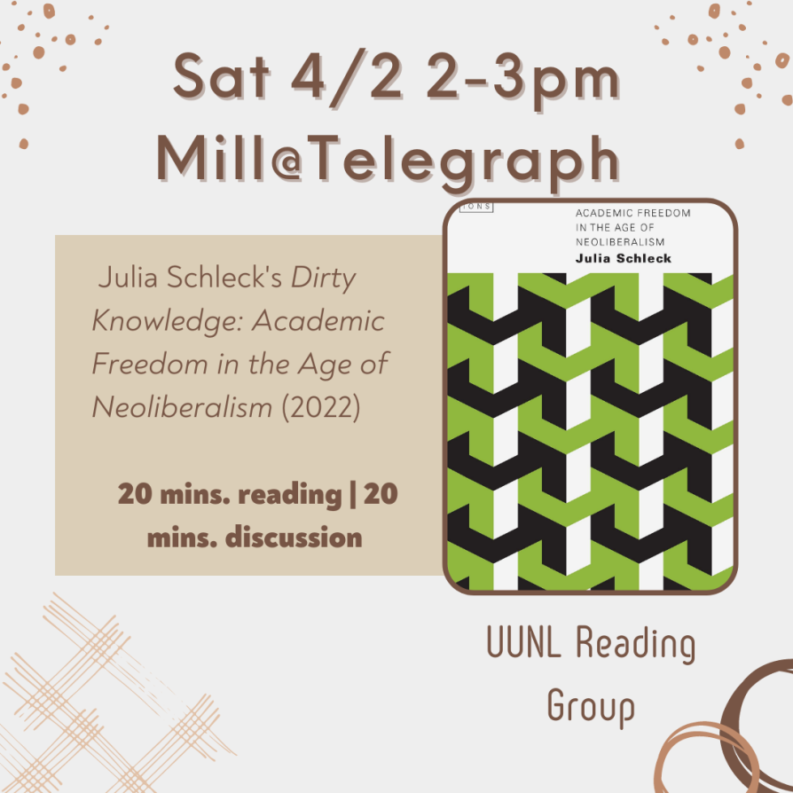 Join us this Saturday from 2-3 at the Telegraph Mill for another union reading group meeting! We'll be reading an expert from Julia Schleck's Dirty Knowledge in anticipation of her talk at our union meeting Thursday, April 7th!