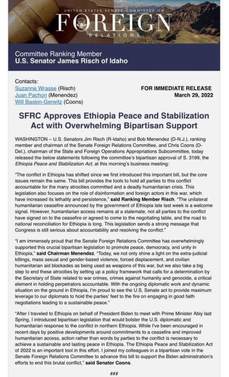 KassaHMariam's tweet photo. SFRC approved Ethiopia Peace &amp; Stabilization Act with Overwhelming Bipartisan Support. Thank all members of SFRC  @SenatorMenendez @SenatorRisch @ChrisCoons @SenatorCardin @SenatorShaheen @SenatorTimKain1 @SenatorTimKain1 @SenRubioPress @SenatorRounds @SenTedCruz @ChrisVanHollen https://t.co/wMb92RXEls