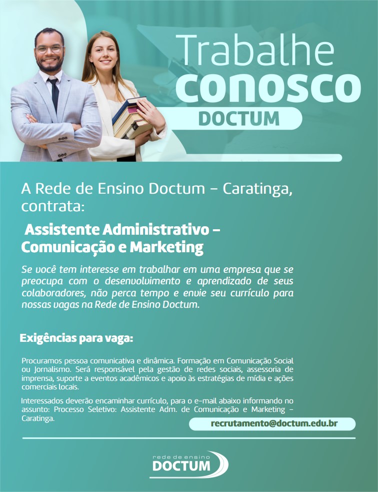 rededoctum's tweet photo. A Rede de Ensino Doctum está com vaga aberta para atuação em Caratinga:

📌 Assistente de Comunicação e Marketing

Interessados devem enviar currículo para o e-mail: recrutamento@doctum.edu.br

#vagas #doctum #recrutamento #currículo https://t.co/Xjabroi1Tj