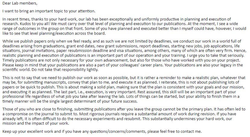How long of a delay is ok between finishing the work and submitting the manuscript? Here’s a note that I sent to my group in 2019 outlining my thoughts #AcademicTwitter <a href="/JHElisseeff/">@jhelisseeff.bsky.social</a> <a href="/KrishRoyLab/">Krishnendu Roy</a> <a href="/McKeegan_Kelli/">Kelli McKeegan 🐛🦋🦠🧬</a>