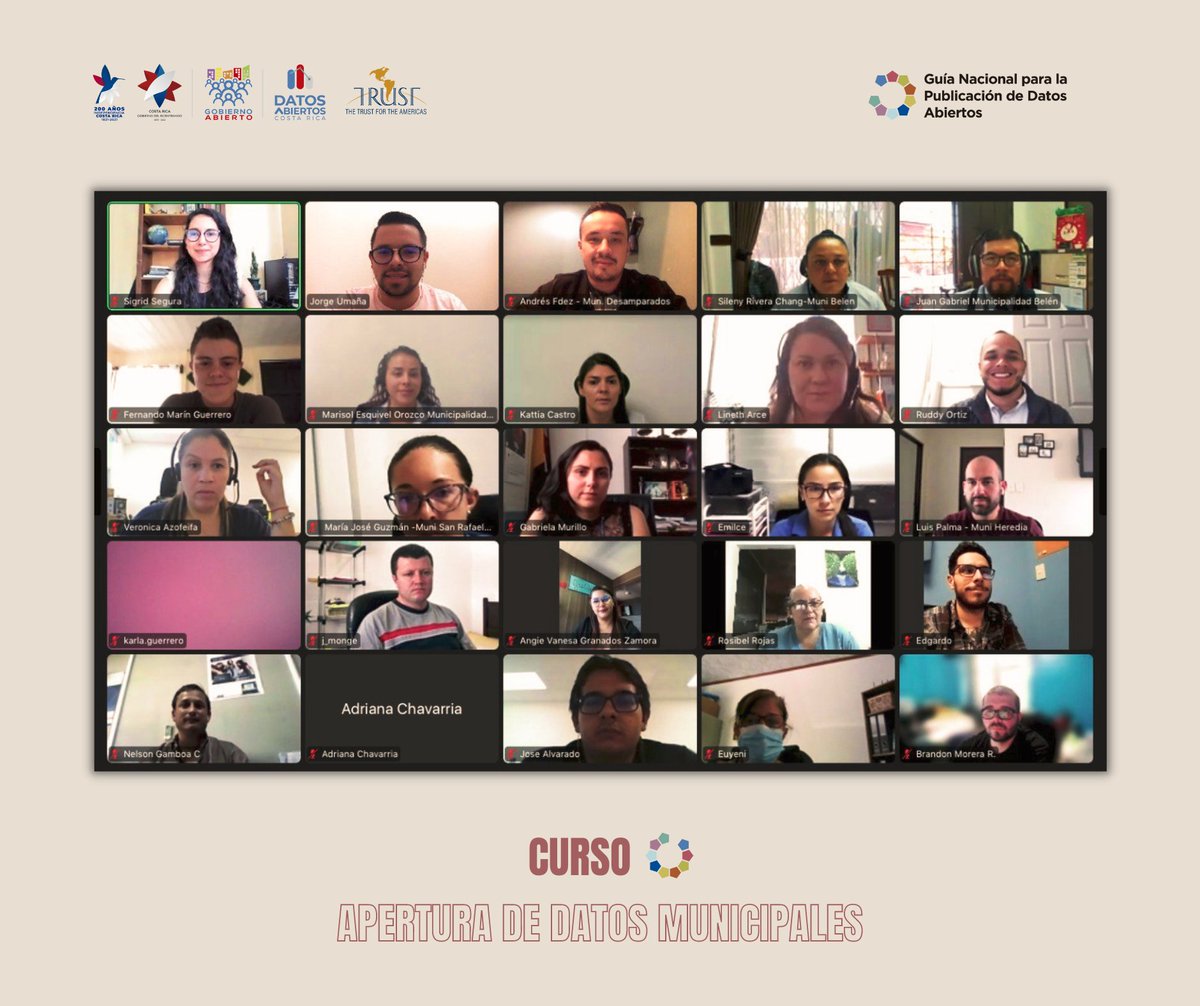 GobAbiertoCR's tweet photo. Este martes inició el Curso de la Guía Nacional para la Publicación de #DatosAbiertos, dirigido a personas funcionarias municipales, con la participación de 70 personas de +20 gobiernos locales de todo el país. https://t.co/xZViSpA1ZX