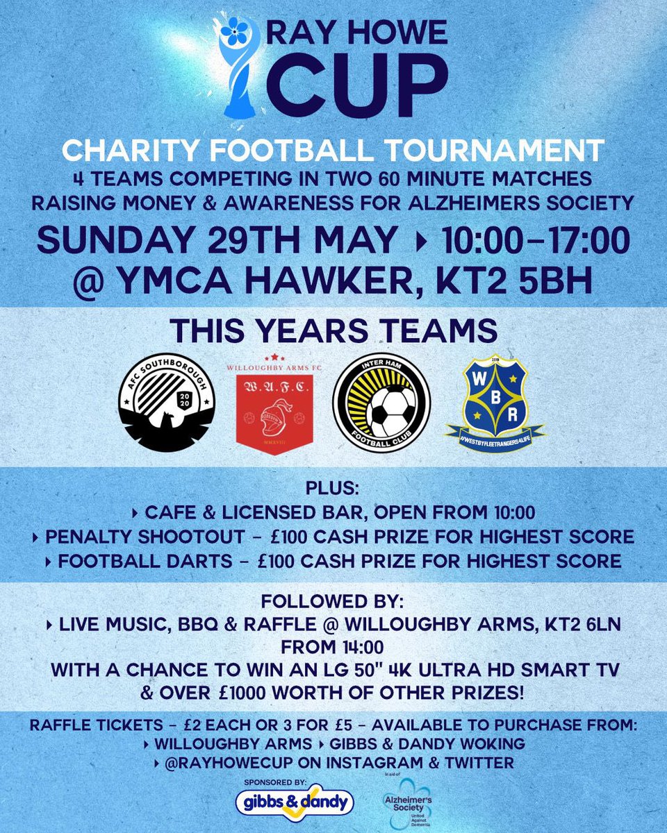 Go4Goal_'s tweet photo. Not long to go until the first @RayHoweCup Charity Football Tournament takes place in aid of @alzheimerssoc ⚽️

Raffle tickets are now available to buy via PayPal, @gibbsanddandy &amp; @TheWilloughbyKT. 

#alzheimersawareness 💙 https://t.co/h7tJzLe7mB