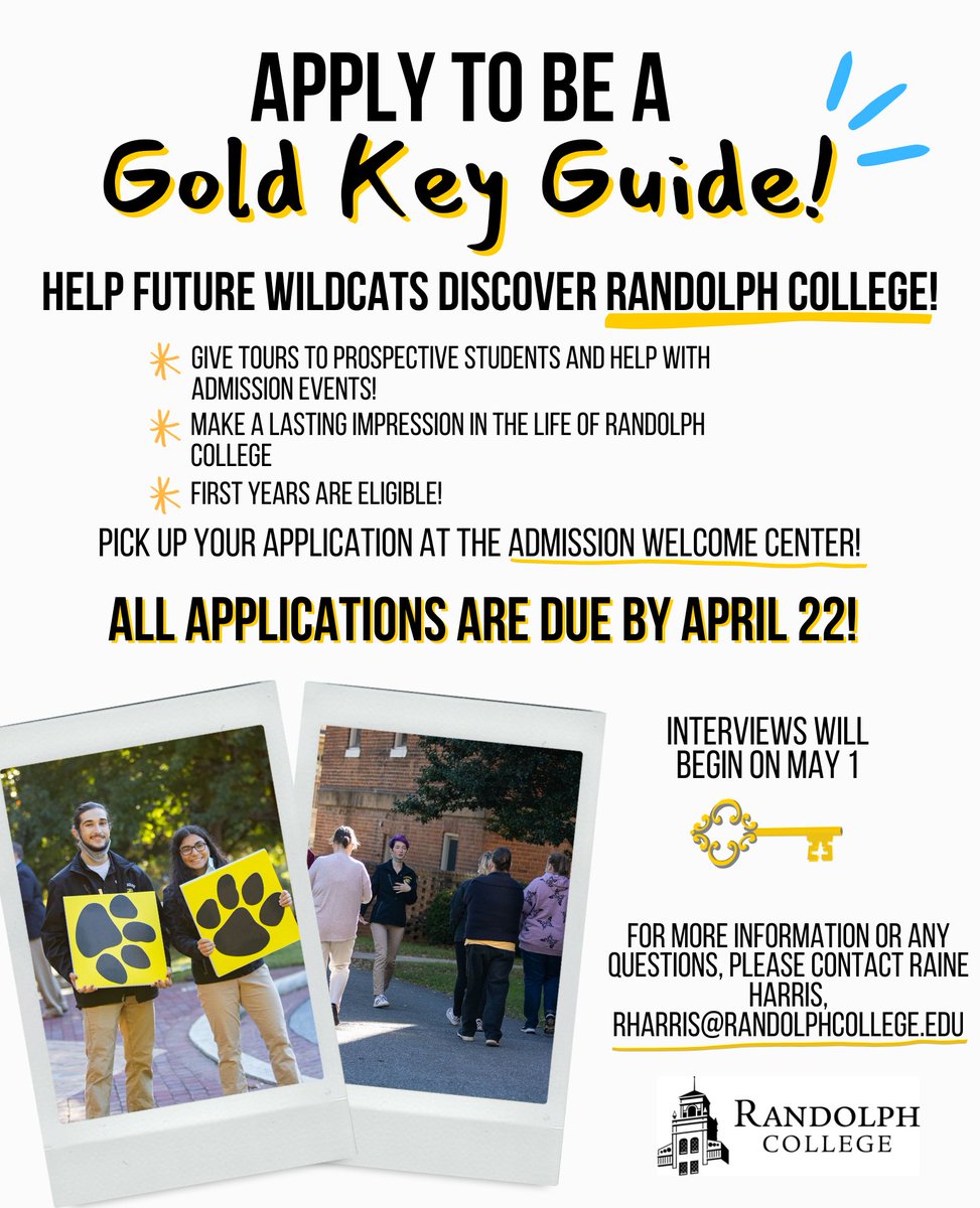 applytorandolph's tweet photo. Hey current (and fulltime) WildCats! Randolph College Admission is hiring Gold Key Guides for next semester! Come join us and leave a lasting impact on years of WildCats to come! 

#RandolphCollege #RandolphTogether #BeAnOriginal https://t.co/KVielZhKSI