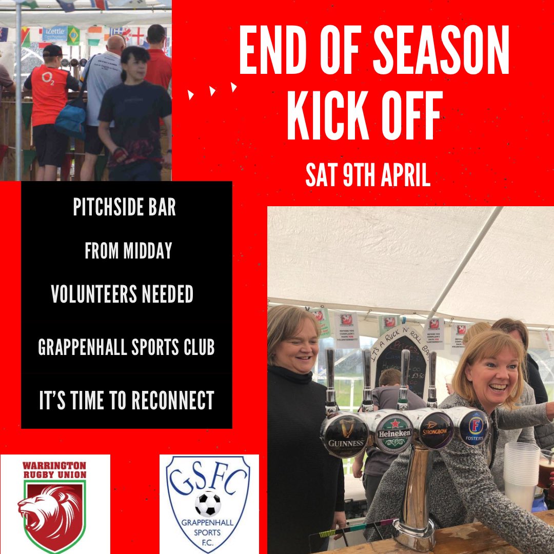 WarringtonRUFC's tweet photo. Only 11 sleeps till the ‘End of Season Kick Off’ if you fancy doing a little stint behind the pitchside bar let us know #rugbyfamily #timetoreconnect https://t.co/blssmCNqGE