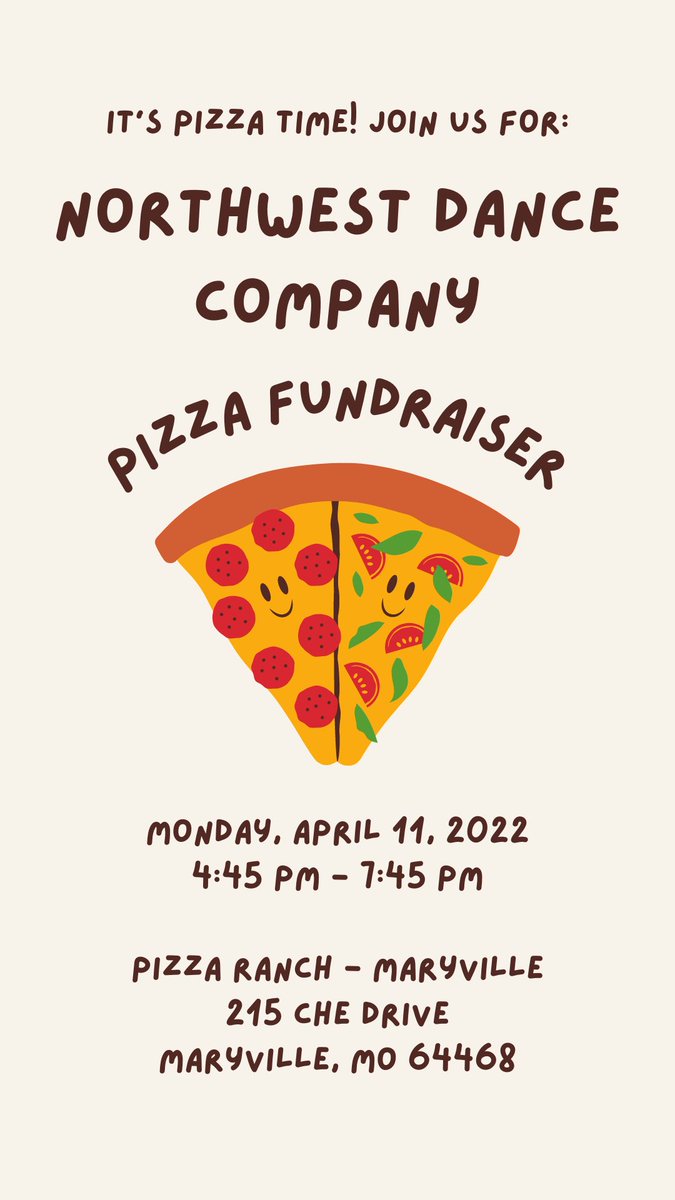 nwdancecompany1's tweet photo. On April 11th NWDC will be putting on a fundraiser at Pizza Ranch in Maryville and we want you to join us! You can catch us there from 4:45-7:45!🍕 #nwmsu #nwdc https://t.co/mpvaUV8Tti