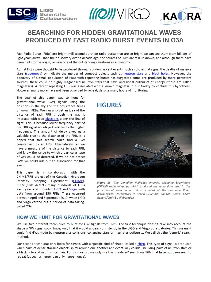 LIGO's tweet photo. New @LIGO @ego_virgo @KAGRA_PR paper on @arxiv: search for #GravitationalWaves associated with #FastRadioBursts detected by Chime/FRB during #O3a. Check out the science summary at https://t.co/SVCJFoBMgs or read the full paper at https://t.co/4dYaECH89C. https://t.co/MMXW6bZWcI