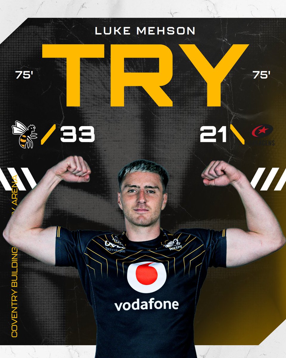 WaspsRugby's tweet photo. 75' WASPS TRY! It's four from Mehson! 

Miller can't quite convert from the touchline...

🐝  33 - 21  💫 https://t.co/1xZeYrsgmZ