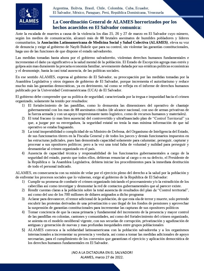 AlamesMP's tweet photo. Ante la suspensión de garantías constitucionales en #ElSalvador, la Coordinación General de #ALAMES, manifiesta 👇 https://t.co/2IkvY7HhE7