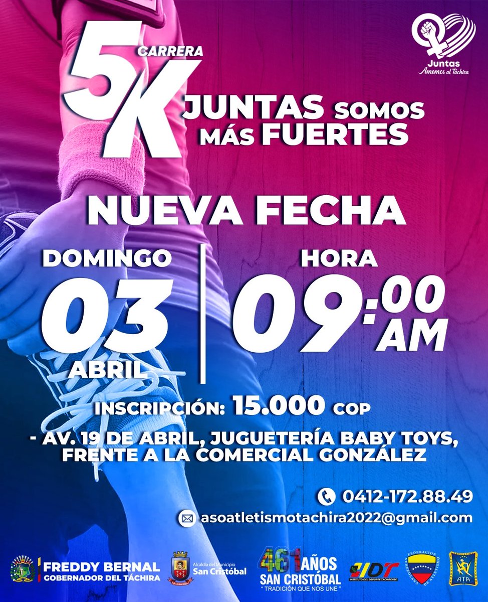 KaremDeBernal's tweet photo. Mi gente querida del #Táchira, les informo que ya la Carrera 5K Juntas Somos Más Fuertes tiene nueva fecha. ¡No dejen de participar! https://t.co/9V6VPQEPwc