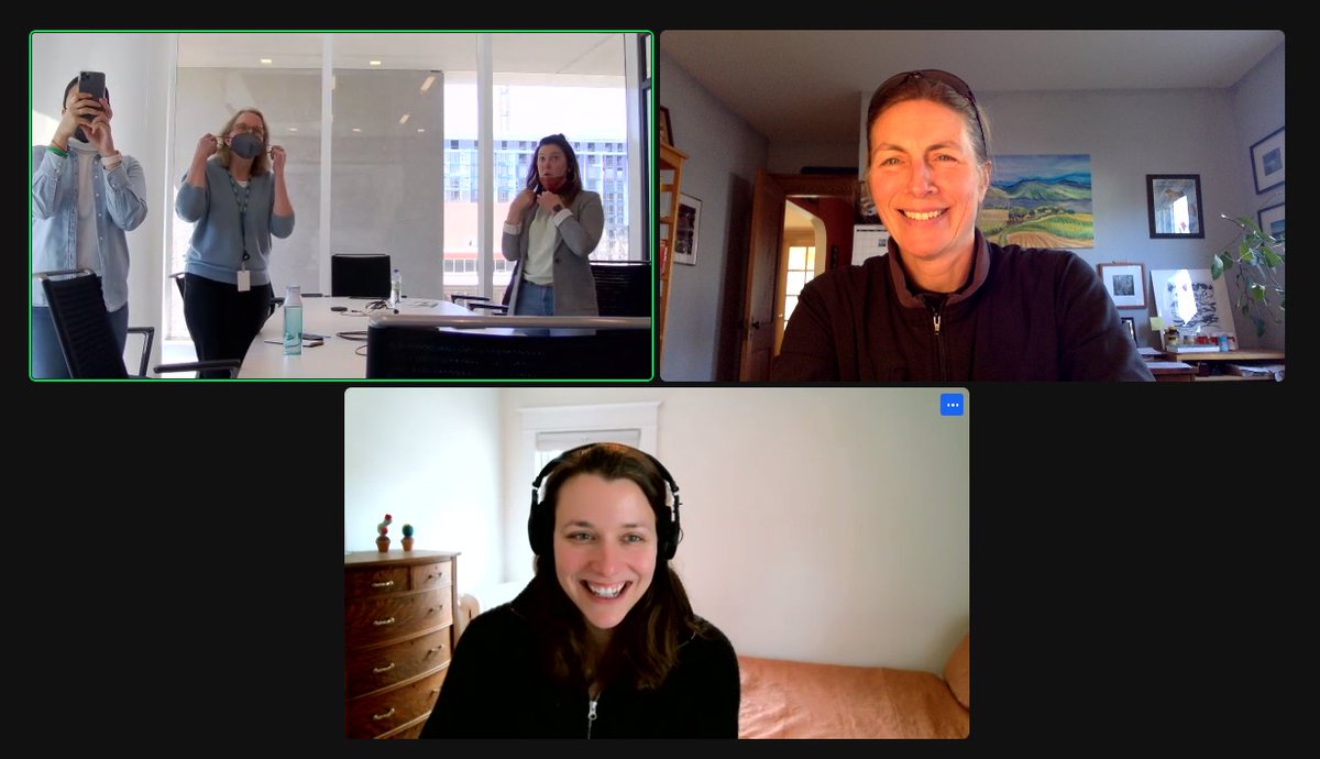 As we gradually exit the pandemic and return to our workplaces, here's what a hybrid meeting looks like: @MEvstatieva, @bhardymon and @bjvanw at @NPR HQ in Washington DC @meg_anders at home in Minneapolis me at home in Boston Five coworkers, sort of together, sort of apart!