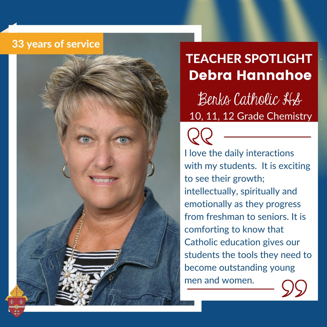 #TeacherSpotlight  We are highlighting some AMAZING teachers in the Diocese of Allentown!  Today we are recognizing Debra Hannahoe of Berks Catholic High School who finds it fulfilling to watch #saintsandscholars grow in faith and knowledge over the years!  #LiveyourVocation