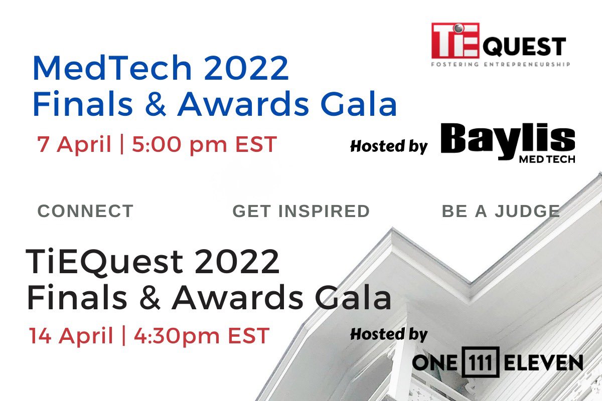 TiEToronto's tweet photo. We are thrilled to have you at the MedTech and TiEQuest finals and award gala taking place on the 7th and 14th of April. 

      Get your tickets now⬇️ : 

Medtech and Awards Gala: https://t.co/zimFHTh0rk

TiEQuest 2022 Finals and Awards Gala: https://t.co/ebe8oWUe6a https://t.co/aemdWNMdqO