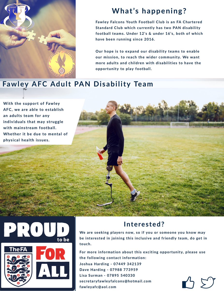 🚨 NEWS 🚨

In partnership with <a href="/FawleyFalcons/">Fawley Falcons</a> we will have an adult PAN disability team next season. 

Contact details in the flyer for more information. 

#uptheoilers #upthefalcons