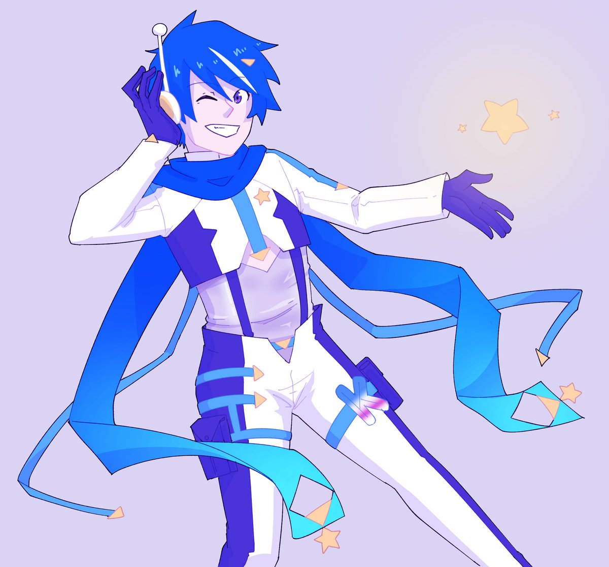 Musicaptain_'s tweet photo. Drew the headphone and  star on the wrong side but it doesnt matter cause he’s still cute!! ✨⭐️✨
#KAITO 
#マジカルミライ2022 https://t.co/x3iyF0Bphv