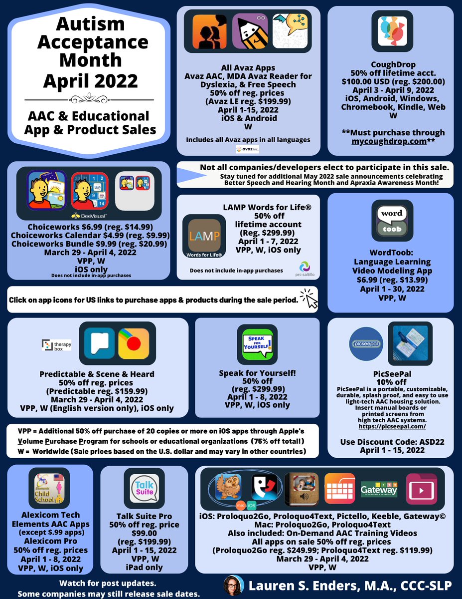Need a screen-reader friendly document with the April 2022 #AutismAcceptanceMonth sale information? For an accessible version of AAC &amp; educational apps/ products sale information, click this link: bit.ly/AutismAcceptan…
Some sales started today!#AAC #SpecialEducation #ATChat