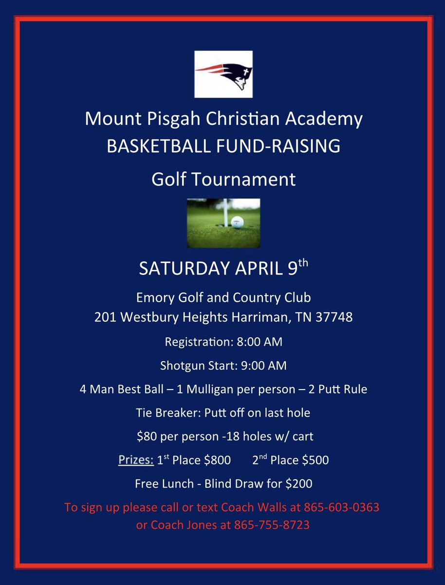 mpca_basketball's tweet photo. Mount Pisgah Christian Academy basketball teams are hosting a golf tournament in Harriman on April 9th. Cash payouts, free lunch, cash drawing. Come join us. See flyer below! https://t.co/G1bCmxXTLW