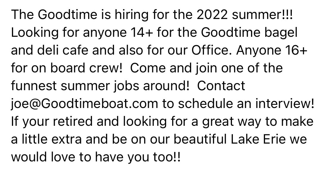 GoodtimeI's tweet photo. Good news! We’re hiring! #GoodtimeSummer #LakeErieLove https://t.co/OhyN6j1QTh