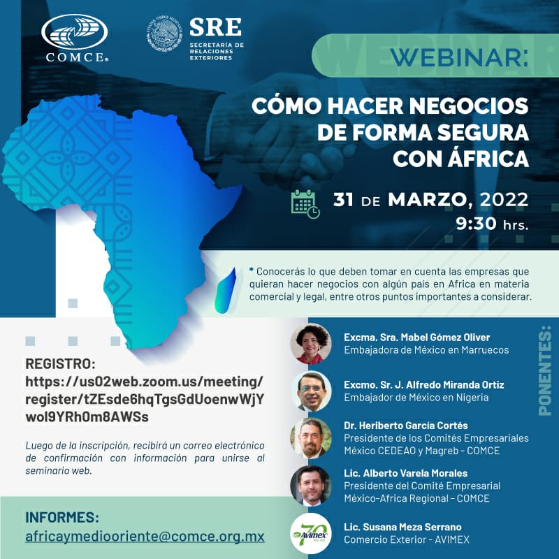 JACMAV_mx's tweet photo. Los invitamos al webinar "Cómo hacer negocios de forma segura con África", organizado por @ComceOficial y @SRE_mx

✅ Webinar "Cómo hacer negocios de forma segura con África".
📆 31 de marzo, 2022
🕰 9:30 a.m. (Ciudad de México)
👉 https://t.co/P6CoB6gKlx https://t.co/vfvu9UWlNs