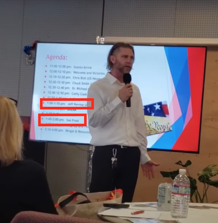 Borwin10's tweet photo. And yet again, Sacramento County Supervisor Sue Frost is tied up with Proud Boys. This is from a recording of an event held in Woodland, 3/26. Proud Boy chapter leader Jeffrey Perrine is seen speaking. Both his name and Sue Frost's are clearly visible on the agenda. https://t.co/dqENobc6fp